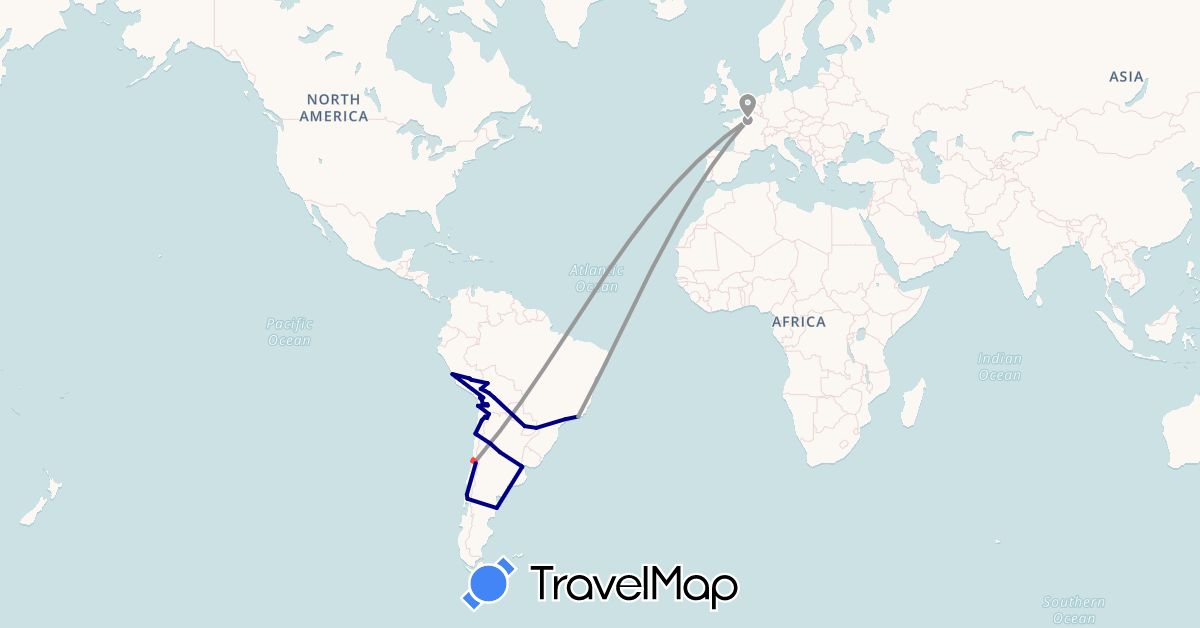 TravelMap itinerary: driving, plane, hiking in Argentina, Bolivia, Brazil, Chile, France, Peru, Paraguay (Europe, South America)